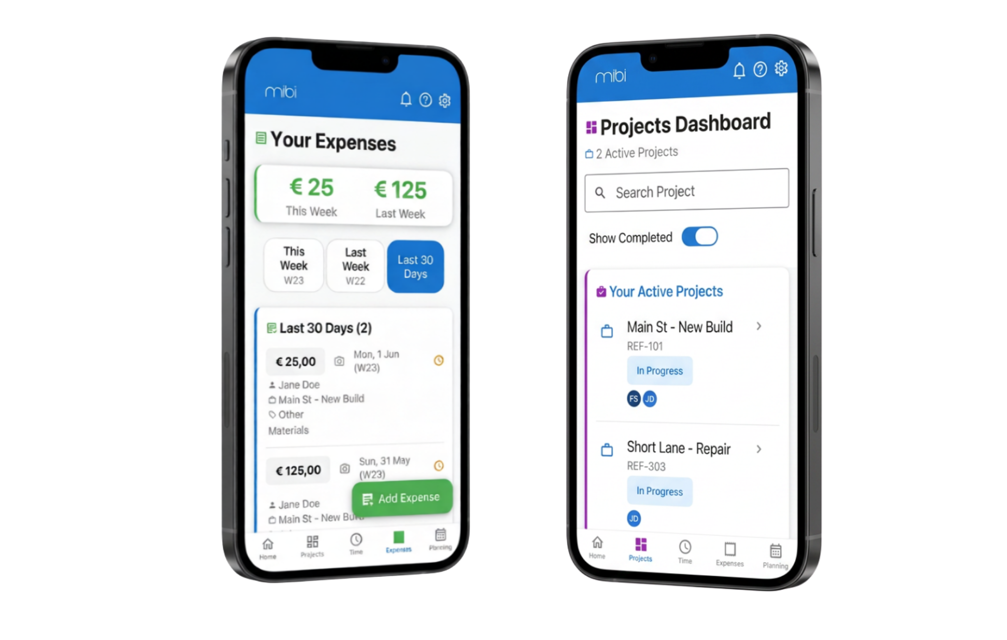 De MIBI mobiele app met het onkostenscherm en het projectendashboard